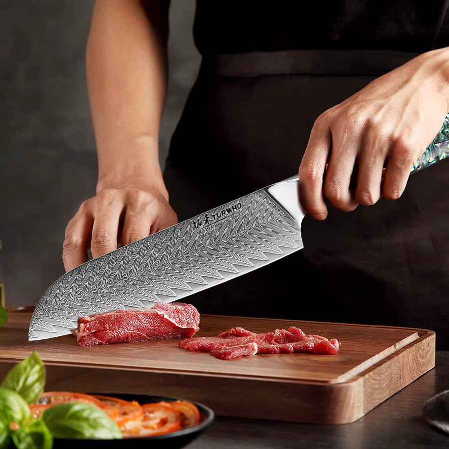 Turwho Santoku-Messer aus Damaststahl, 7 Zoll (17,78 cm) professionelles japanisches Küchenmesser für Fleisch, Fisch und Gemüse - Bild 4