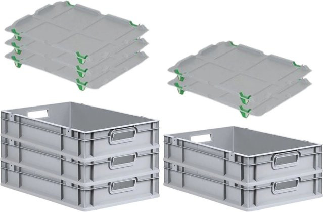 PROREGAL SparSet 5x Eurobox NextGen Grip mit Auflagedeckel und grünen Schiebeschnappverschlüssen, Grau, H x B x T: 12 x 40 x 60 cm - Bild 1
