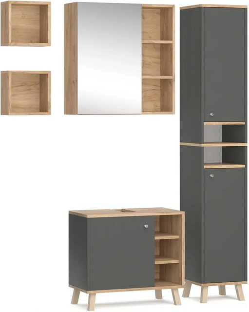 Vicco Badmöbelset Senyo in Anthrazit und Gold, 4-teiliges Set mit Hochschrank, Waschtischunterschrank und Spiegelschrank - Bild 2
