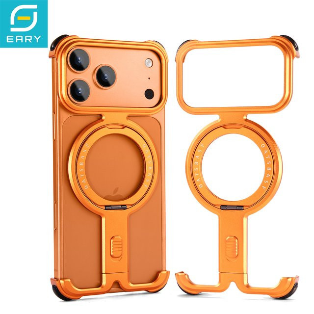 Eary Rahmenlose Handyhülle für iPhone 17 Pro Max und iPhone 17 Pro mit 360 Grad drehbarem magnetischem Ständer aus Aluminium Metall in Schwarz und Orange - Bild 1
