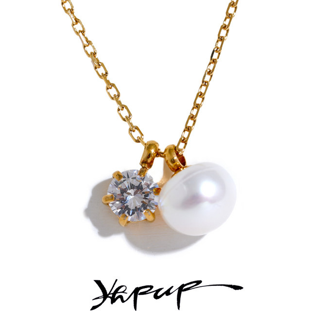 Yhpup Halskette, Edelstahl, Zirkonia, Perle, Gold, Unisex - Bild 1