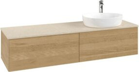 V&B Waschtischunterschrank Antao ohne Frontstruktur, Wandhängend, Eckenform, Farbe: Eiche Honig/Braun, B: 160 cm, T: 50 cm - Bild 1