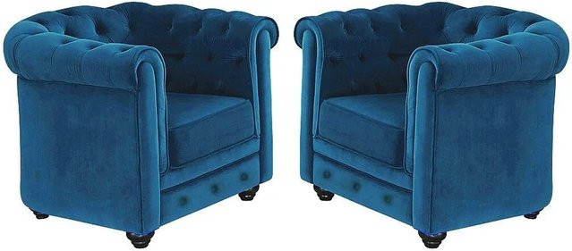 Vente-unique Chesterfield Sessel mit gerader Rückenlehne aus Samt in Blaugrün, Höhe: 88 cm - Bild 1