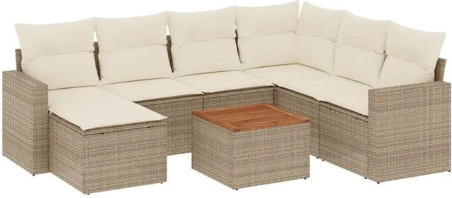 vidaXL 8-teilige Garten-Sofagarnitur in L-Form aus Poly-Rattan und Akazienholz mit Kissen in Beige und Cremeweiß - Bild 1