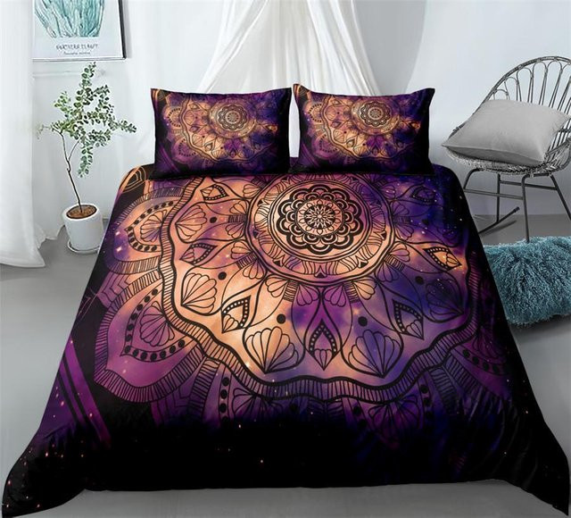 Binchi Outdoor Product Mandala Boho Bettwäsche-Set aus Mikrofaser, Schwarz-Lila, B/H: 150 x 200 cm - Bild 1