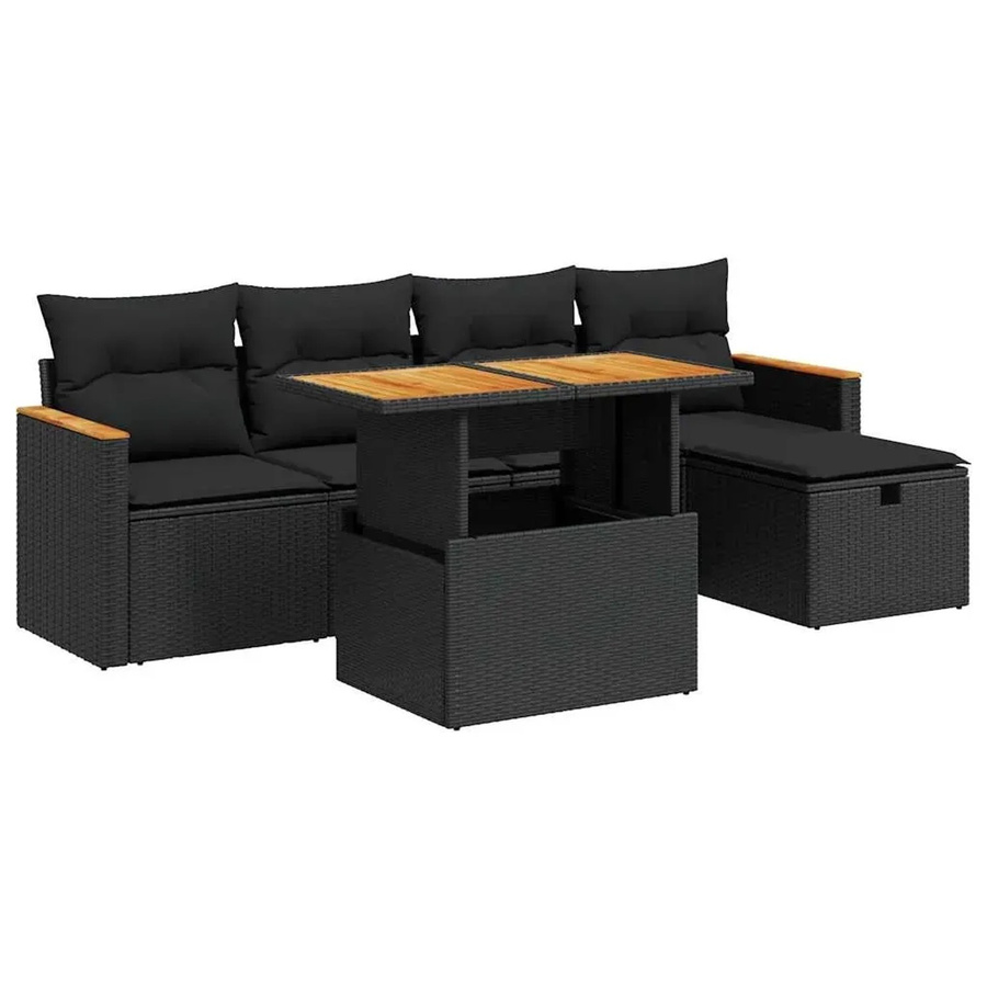 vidaXL 6-tlg. Garten-Sofagarnitur in L-Form aus schwarzem Poly-Rattan mit Kissen und pulverbeschichtetem Stahlgestell - Bild 2