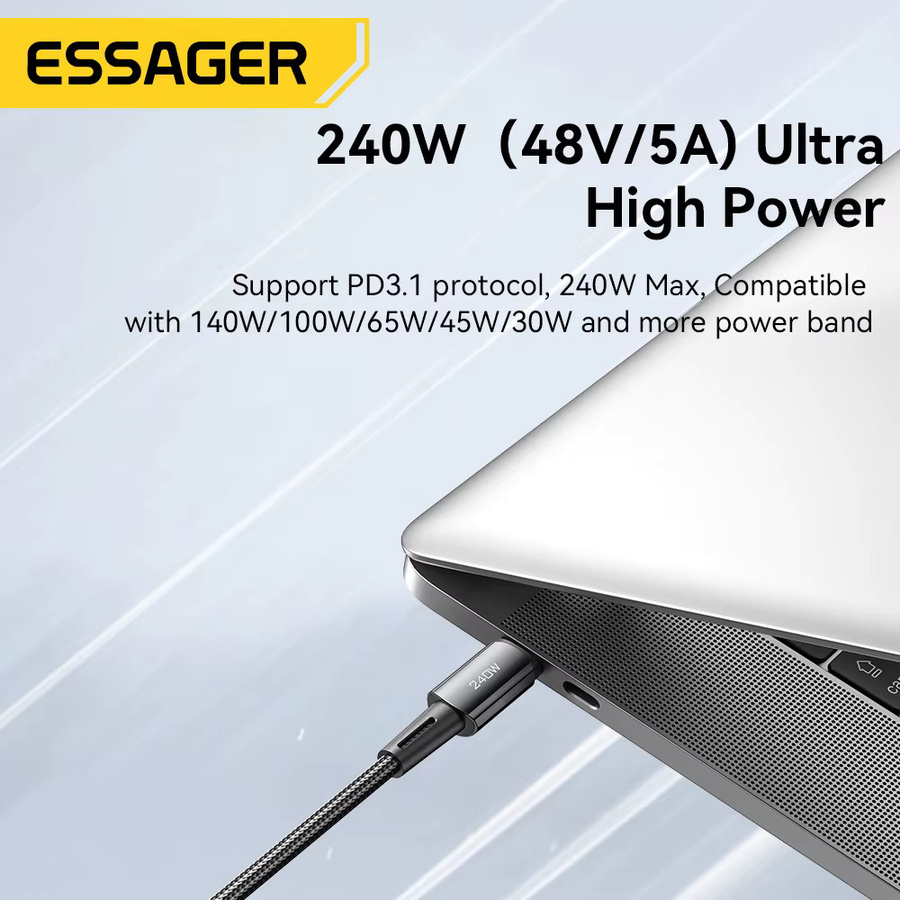 Essager USB-C Schnellladekabel mit 240 W Superschnellladung und 6 A für iPhone 15 Pro, Redmi K50, MacBook und Samsung in Schwarz oder Grau - Bild 2