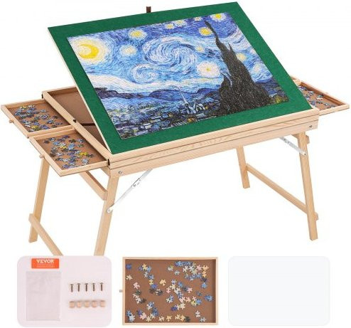 VEVOR Puzzletisch aus Kiefernholz in Braun mit 4 Schubladen, Abdeckung und klappbaren Beinen, verstellbares Puzzle-Board für Erwachsene, B/T: 83 x 62,5 cm - Bild 1