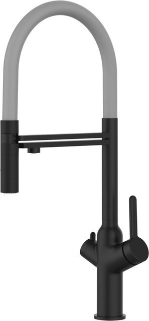 VIZIO 4-Wege Küchenarmatur mit 360 Grad schwenkbarem Auslauf und abnehmbarer 2-Strahl Handbrause, Schwarz Matt und Grau - Bild 1