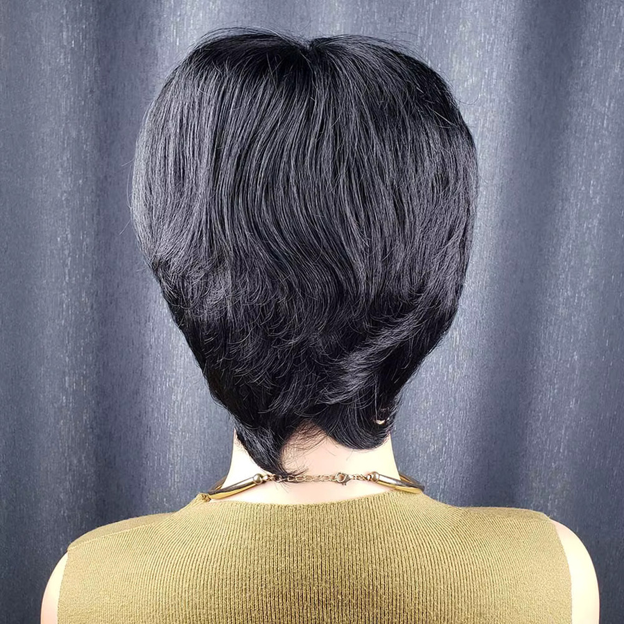 OYM HAIR Pixie-Schnitt-Perücke, Remy-Echthaar, kurz geschichtet mit Pony - Bild 2