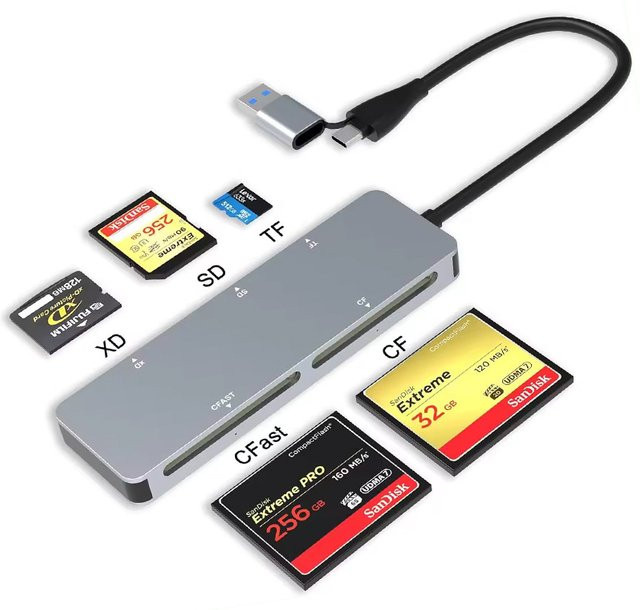 UTHAI CR307 5-in-1 Kartenlesegerät für CFast, CF, XD, SD und TF mit USB 3.0 und USB-C Anschluss in Grau - Bild 1