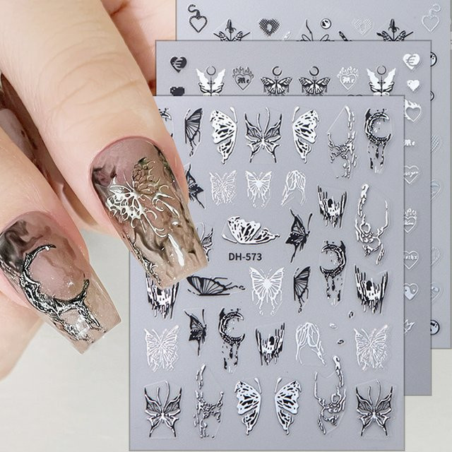 Full Beauty Nagelaufkleber 3D, Metallic Silber Schwarz, Schmetterling, Mond, Stern, Herz - Bild 1