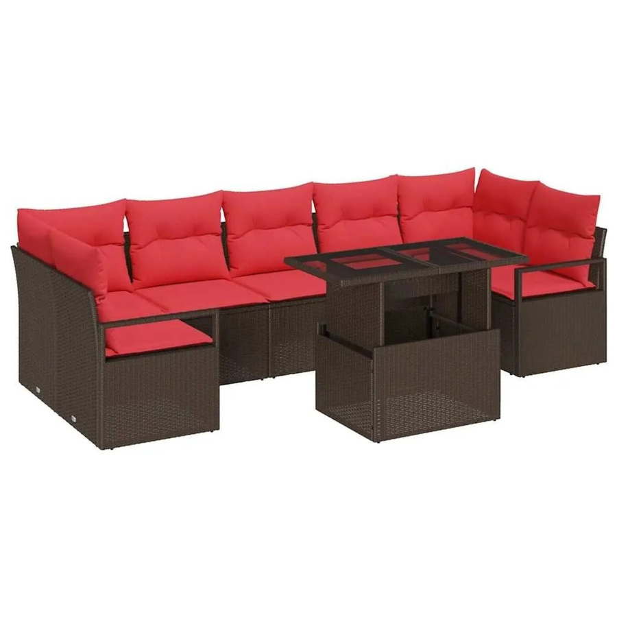 vidaXL Garten-Sofa-Set 8-tlg. aus Poly-Rattan in Braun und Rot mit Kissen und Couchtisch - Bild 2