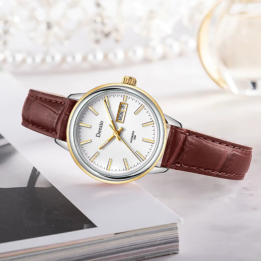 Deesio Armbanduhr Herren, Quarz, Edelstahlgehäuse, Leder, Gold, Datum - Bild 3