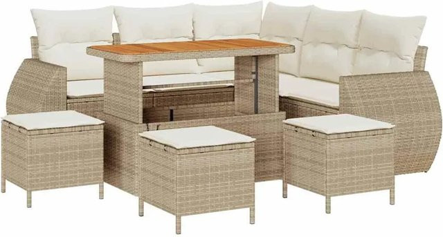 vidaXL Garten-Sofa-Set 9-teilig in Beige aus Poly Rattan und Akazienholz mit Polstern und Tisch in U-Form - Bild 1