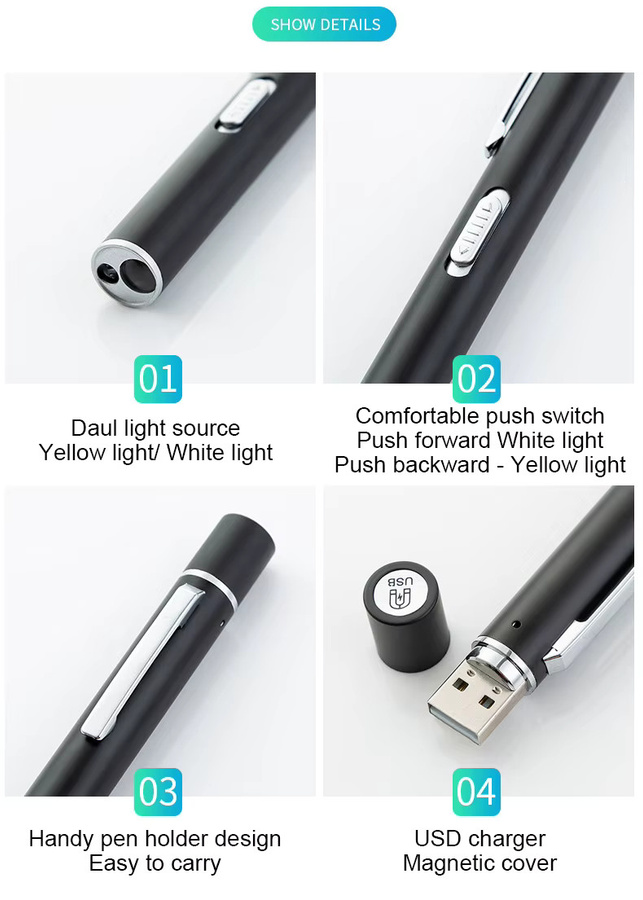 Sinooptic Medizinische LED Taschenlampe mit dualer Lichtquelle, USB aufladbare Stiftlampe für EMT und Chirurgie, Gelb und Weiß - Bild 2