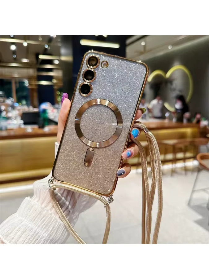 Glitzer-Hülle mit Crossbody Lanyard und MagSafe Magnet für Samsung Galaxy S26 S25 Edge S24 S23 FE S22 Ultra Plus in Gold - Bild 2