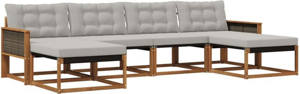 vidaXL Outdoor-Sofagarnitur aus Akazie mit Textilene und Kissen, 6-teiliges Loungemöbel-Set in Natur und Hellgrau - Bild 1