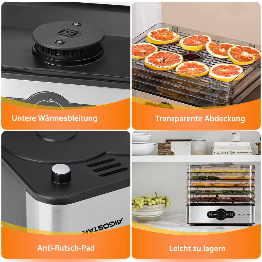 Aigostar Crispy Lebensmitteltrockner mit 240W und 5 Tabletts sowie digitaler Steuerung zur Trocknung von Obst, Fleisch und Gemüse - Bild 2