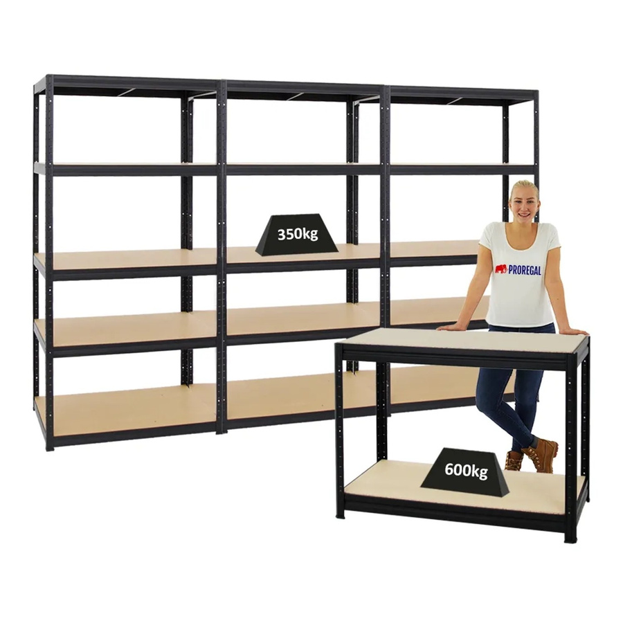 PROREGAL Set aus 3x Schwerlastregal Slim Elephant und 1x höhenverstellbarer Werkbank Slim Dino in Schwarz, H: 180 cm, B: 90 cm, T: 60 cm & H: 90 cm, B: 120 cm, T: 60 cm - Bild 2