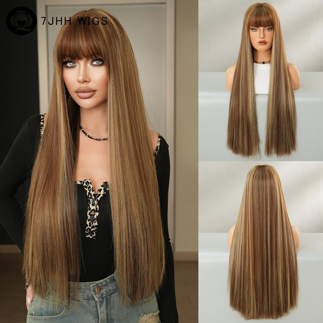 7JHH WIGS Kunsthaarperücke für Damen, lange glatte Perücke, goldbraun - Bild 1