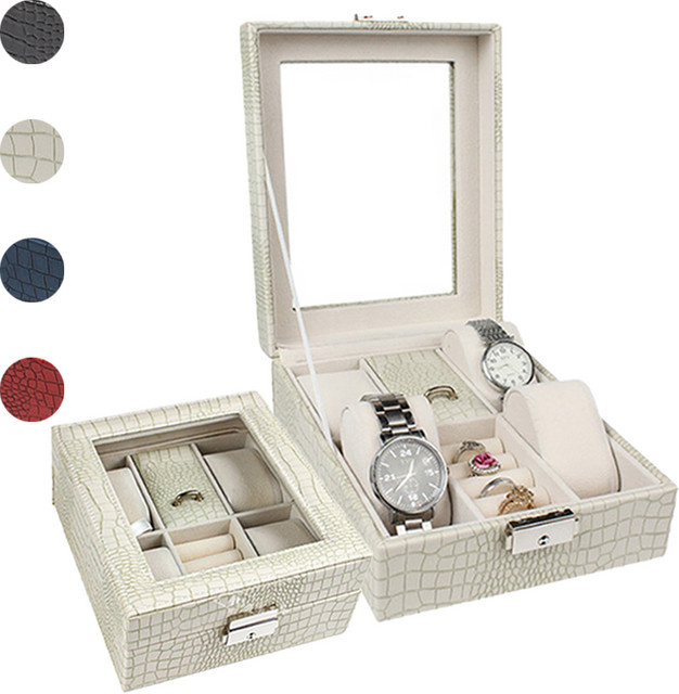 CAOWTAN Uhren- und Schmuckbox Reiseetui, PU-Leder, Unisex, beige - Bild 1