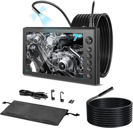 VEVOR Triple Lens Endoskopkamera mit 7 Zoll HD IPS Split-Screen, Industrie Borescope mit Dual-Kabel Setup (5m und 3m), 8X Zoom, IP67 wasserdicht, Schwarz - Bild 1