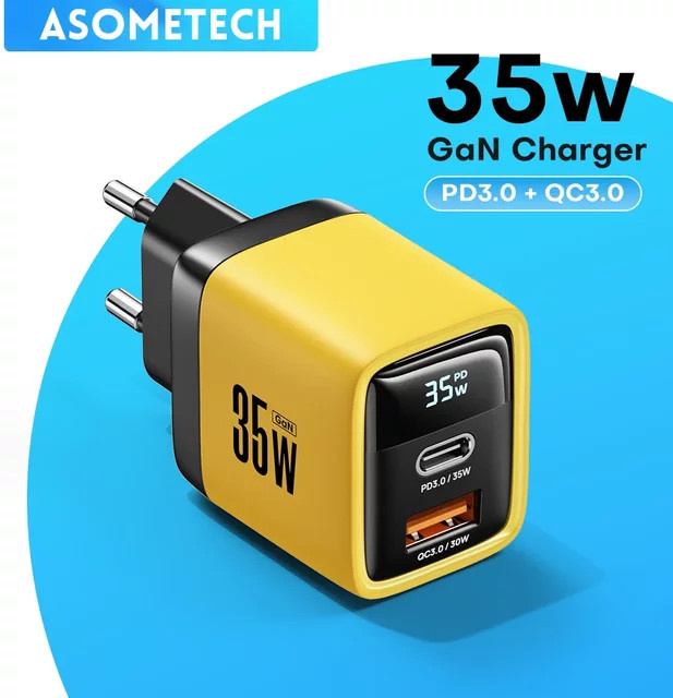 ASOMETECH 35 W GaN Schnellladegerät mit LED-Display und USB-C Anschluss für iPhone, Samsung und Xiaomi mit PD 3.0 und QC 3.0 Technologie - Bild 1