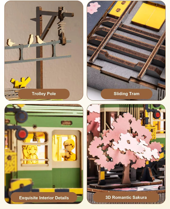 Robotime Sakura Journey Tram 3D-Holzpuzzle mit LED-Leuchten in Grün - Bild 5