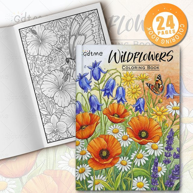 Wildblumen-Malbuch für Erwachsene mit botanischen Blumen- und Schmetterlings-Malvorlagen in Multicolor zur Förderung von Achtsamkeit und Stressabbau - Bild 1