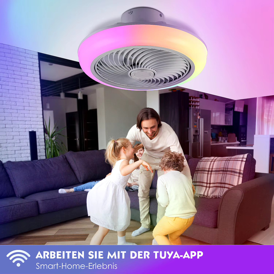 Oyajia Deckenventilator mit Bluetooth Musik, 50W RGB LED Beleuchtung, dimmbar, rund, Weiß - Bild 3