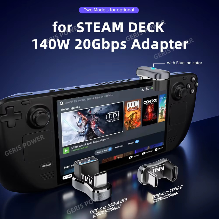 Geris Power 180-Grad-Winkel USB-C-Adapter Typ C Stecker auf Buchse mit 20 Gbit/s und 140 W PD Schnellladefunktion für Steam Deck und PC - Bild 2