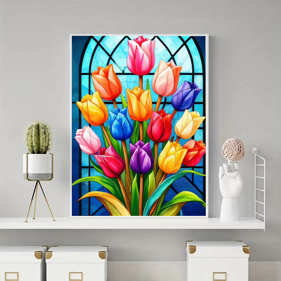 HUACAN Diamantmalerei Set mit Blumen im Buntglas-Stil, 5D-DIY-Mosaik-Kit, Multicolor, B/H: 30 x 20 cm - Bild 4
