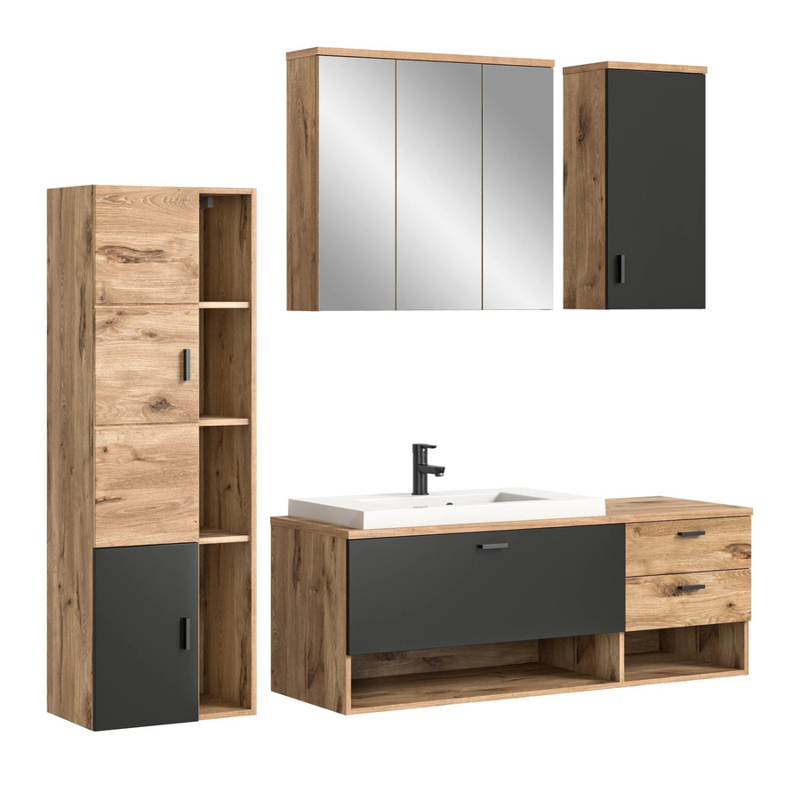 Badezimmer-Set xonox.home GRADO in Eiche Nox Oak Nachbildung, 5-tlg. mit Waschbecken, Spiegelschrank, Midischrank und Hängeschrank, B/H/T: 203 x 192 x 48 cm - Bild 2