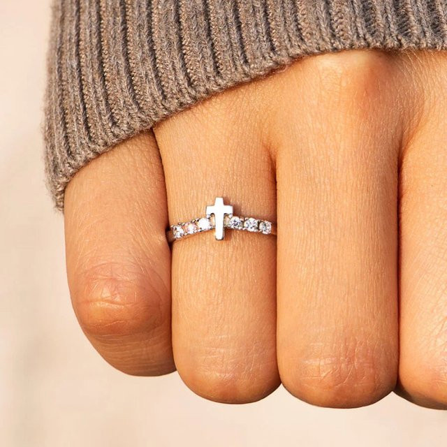 Huitan Fingerring Kreuz, Silber, Zirkonia, Damen - Bild 1