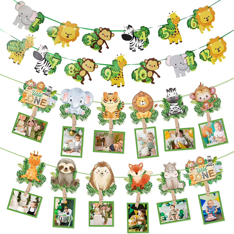 WEIGAO Foto-Wimpelkette Wild One Safari-Thema für den 1. Geburtstag, Mehrfarbiges Papier-Banner mit Tiermotiven zur Party-Dekoration - Bild 2