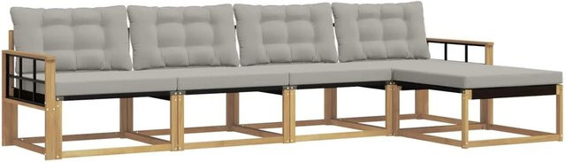 vidaXL Outdoor-Sofagarnitur L-Form aus Akazienholz mit Polstern und Ottoman in Weiß und Grau - Bild 1