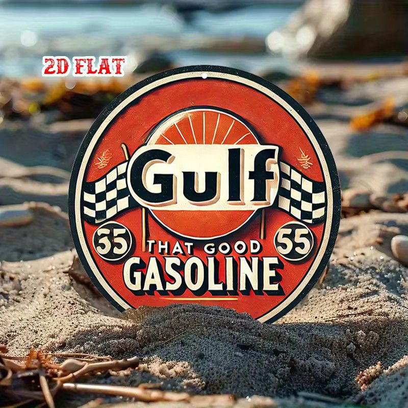 Vintage Gulf 55 Benzin Metallschild aus Aluminium mit kariertem Flaggen-Design, rund, Multicolor, Durchmesser: 20 cm - Bild 4