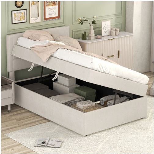 MUVOE Einzelbett in Beige mit Polsterung und Schubladen im minimalistischen Design, Breite: 90 cm, Tiefe: 200 cm - Bild 1