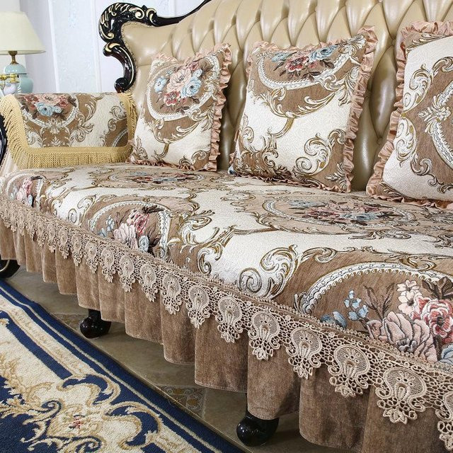 Super Six Sofatuch mit floralem Jacquard-Muster und Spitzensaum aus Baumwolle, rutschfest und waschbar, B/T: 70 x 75 cm - Bild 1