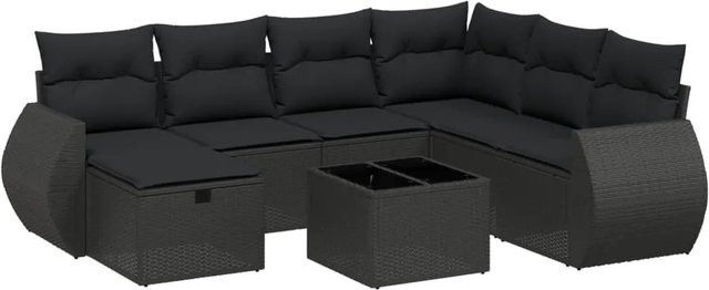 vidaXL 8-tlg Garten-Sofagarnitur in L-Form aus schwarzem Poly-Rattan mit Kissen und pulverbeschichtetem Stahlgestell - Bild 1