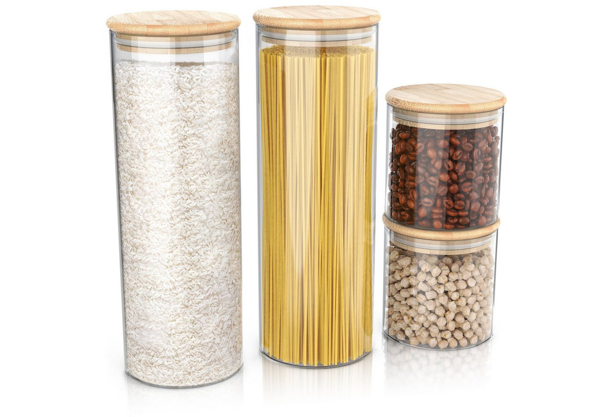 Arendo Vorratsgläser Set aus Borosilikatglas mit Bambusdeckel, 4er Set, 2x 0,785 l und 2x 2,2 l, luftdicht und mikrowellengeeignet - Bild 1