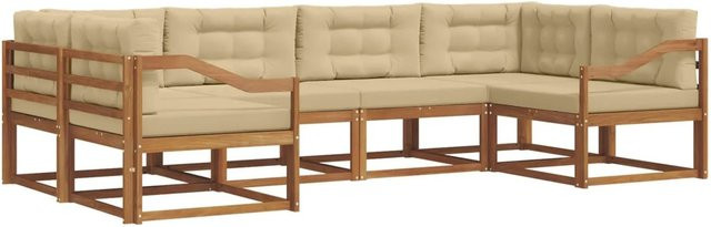 vidaXL Outdoor-Sofagarnitur aus Akazienholz in L-Form, 6-teiliges Set in Natur und Beige mit Kissen - Bild 1