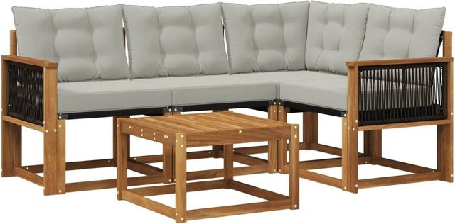 vidaXL Outdoor-Sofagarnitur L-Form aus Akazienholz mit Textilene und Kissen in Grau und Natur - Bild 1