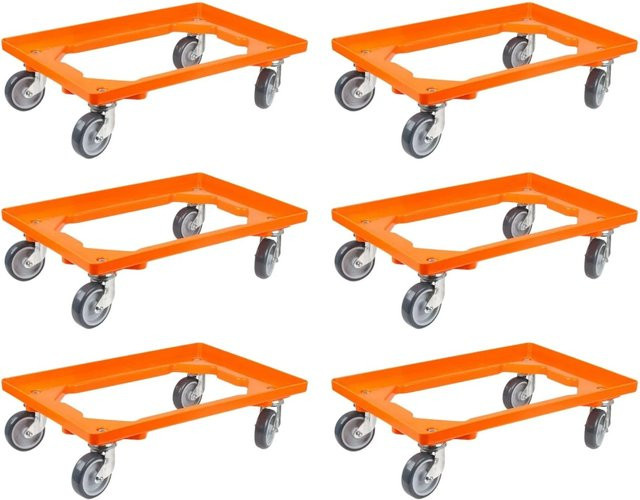 PROREGAL SparSet 6x Transportroller für Euroboxen 60 x 40 cm in Orange mit Gummirädern und offenem Deck, Traglast 300 kg - Bild 1