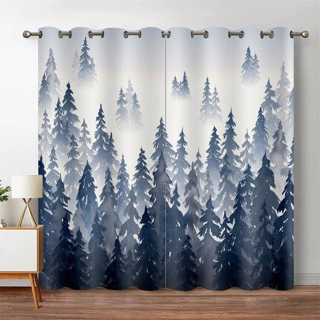 A Family Of Home Textiles Fenstervorhang mit grünem Wald und Aquarell-Baum-Silhouette, semi-transparent, Farbe: Grün und Blau, Breite: 135 cm, Höhe: 245 cm - Bild 1
