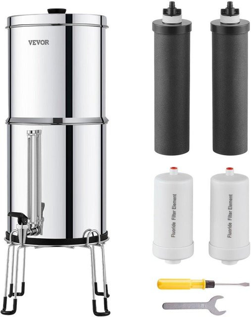 Vevor Schwerkraft-Wasserfiltersystem aus 304 Edelstahl in Silber mit 2 Aktivkohlefiltern und Deckel, 2,25 Gallonen - Bild 1