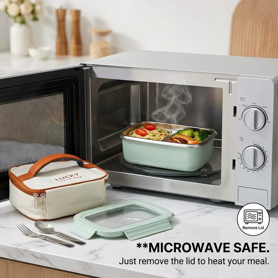 WORTHBUY Bento-Lunchbox aus Edelstahl 304 mit Fächern, auslaufsicher und mikrowellengeeignet, in Pink oder Grün - Bild 3