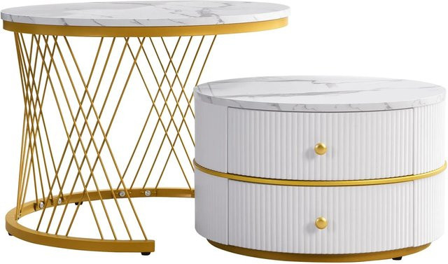 okwish Couchtisch Set Nesting mit Marmoroptik und Schubladen in Weiß und Gold, B/T/H: 60 x 60 x 46 cm und 50 x 50 x 31 cm - Bild 1