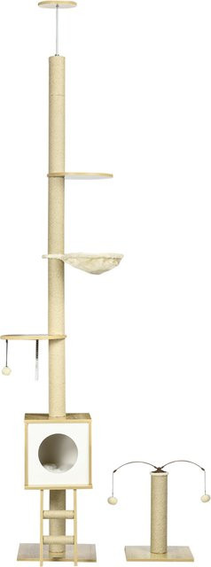 PawHut Set aus 2 Kratzbäumen mit 4 Ebenen, höhenverstellbar 225-285 cm, inklusive Höhle, Hängematte, Leiter und Spielzeug, Farbe: Beige - Bild 1